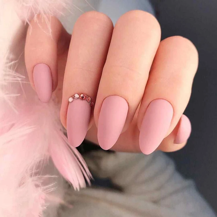 matte pink nails and rhinestones cute nail design