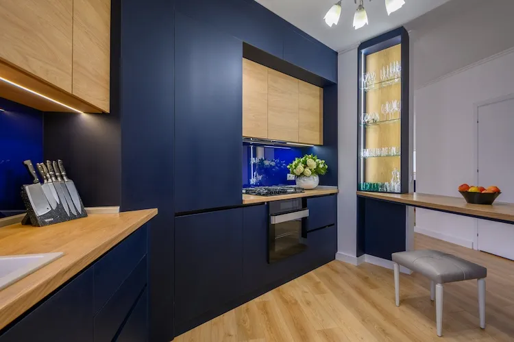 modern combination of navy blue and wooden cabinet countertops for kitchens
