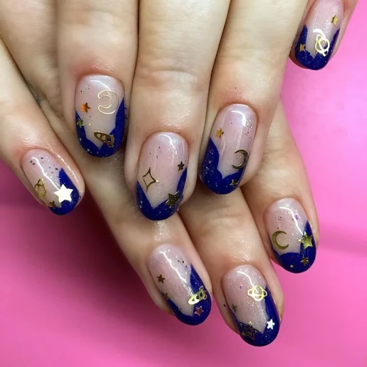 nail art stickers planets stars half moon on blue french manicure