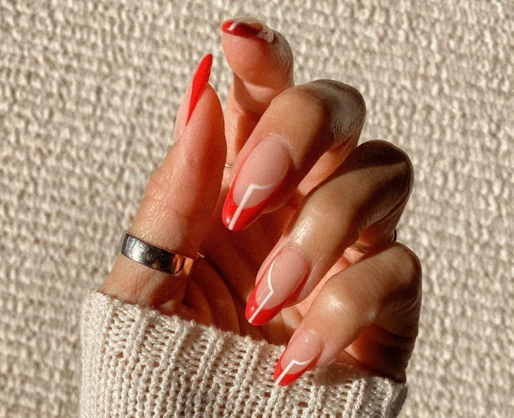 red French tip nails white lines manicure