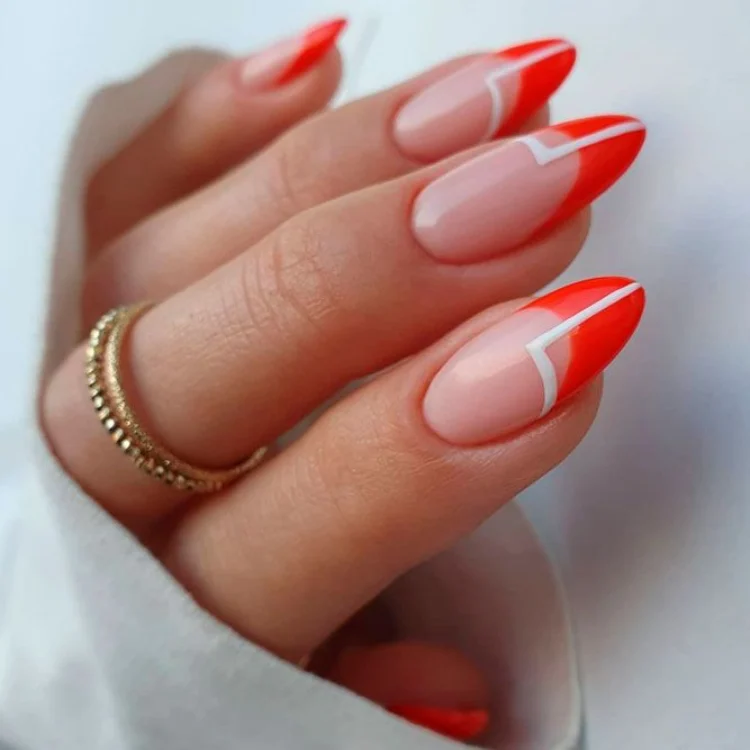 red tips and white lines manicure idea