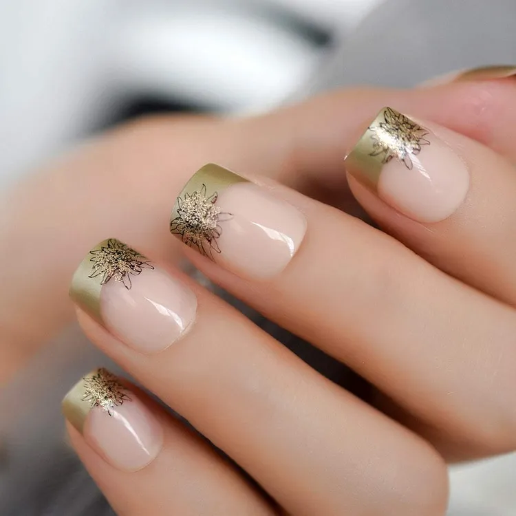 short-french-golden-tips-nails-with-flower-art
