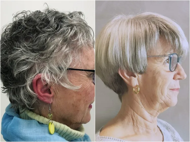short haircut 80 year old women with glasses pixie
