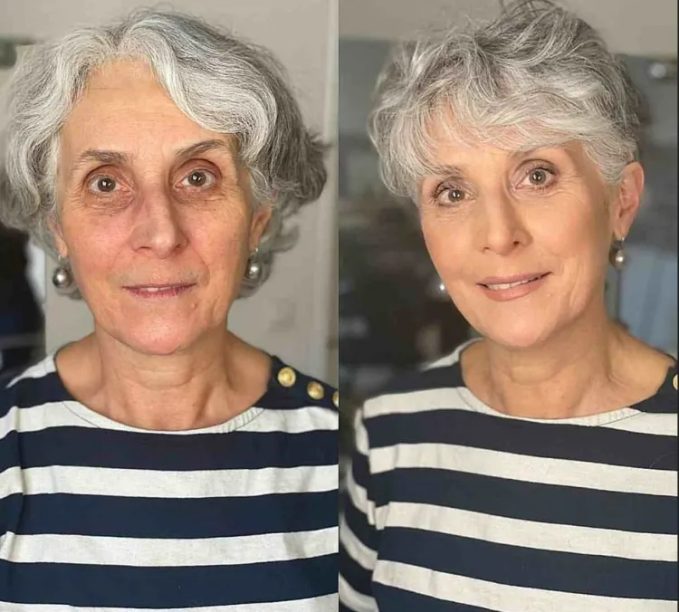 short haircut woman to hide wrinkles sagging skin puffiness spots old age