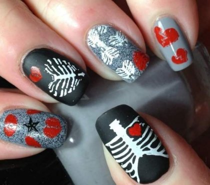 skeleton hearts grey black white red nails