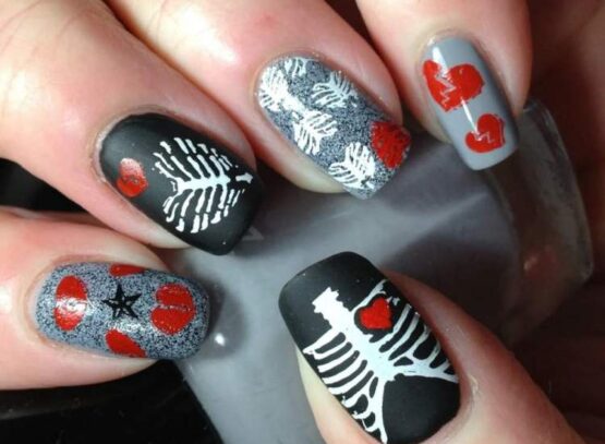 skeleton hearts grey black white red nails