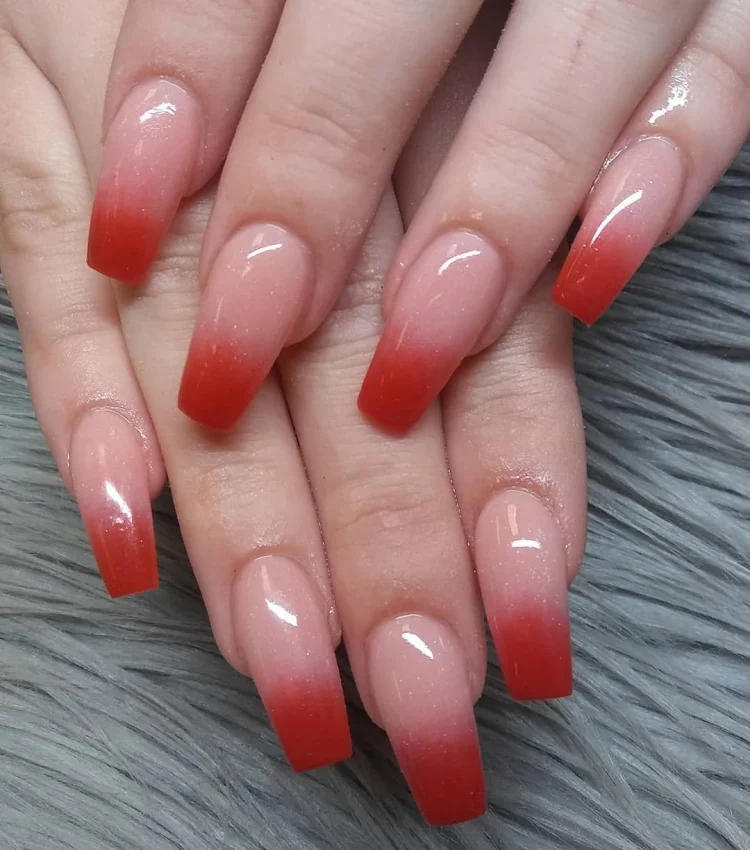 stylish red ombre long square nails