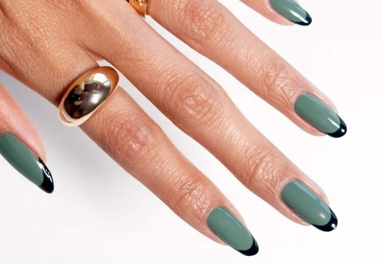 two tone french nails khaki and dark green