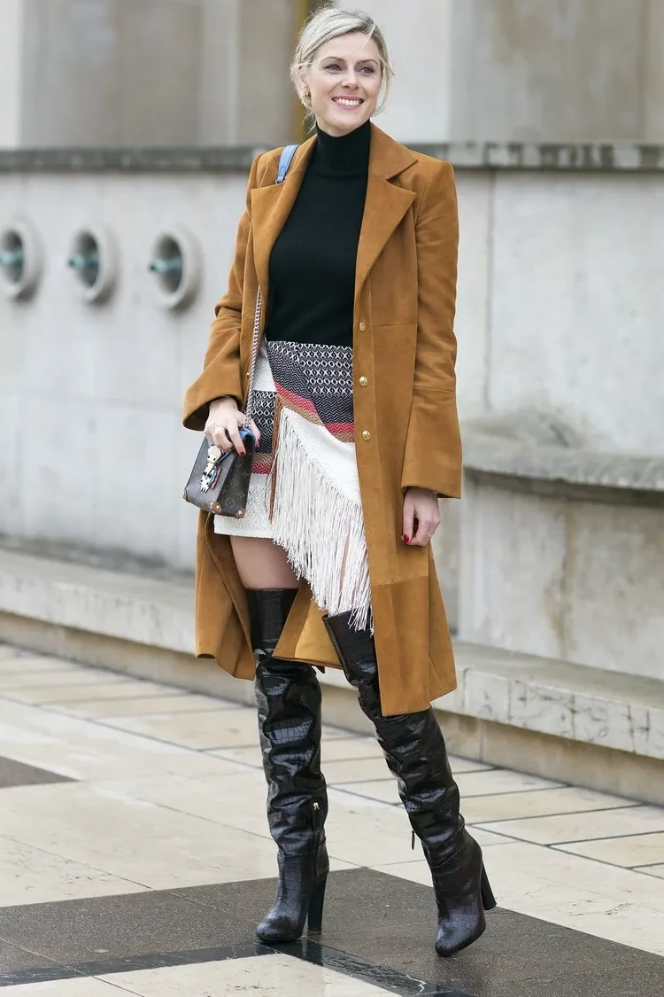 what skirt with thigh high boots fashion women over 50 winter outfit idea