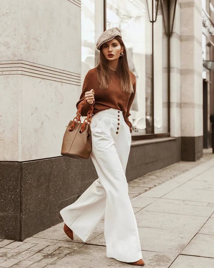 white palazzo pants brown top 2023 trends outfits ideas