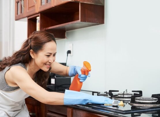 Housewife cleaning stove