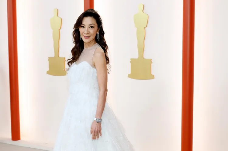 Michelle Yeoh fabulous snow-white Dior gown with fringe from top to bottom