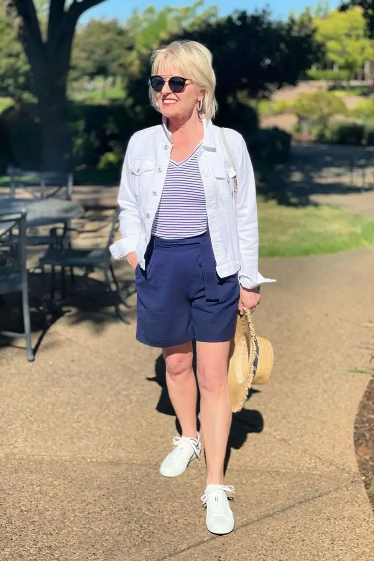 Wear-shorts-and-jacket-with-sneakers-chic-fashion-for-women-over-50-60-or-70