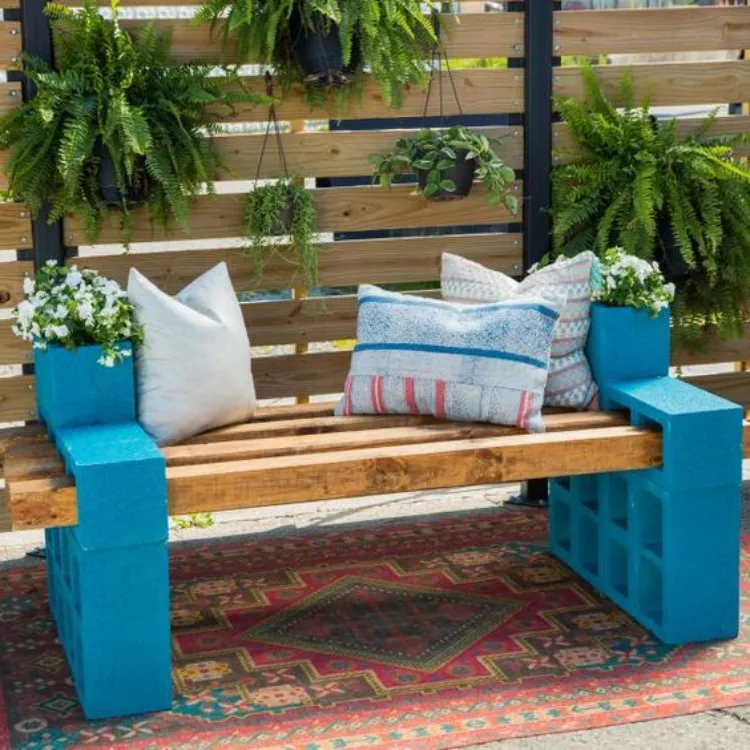 backyard decoration ideas diy bench concrete blocks timber wood cushions bohemian boho