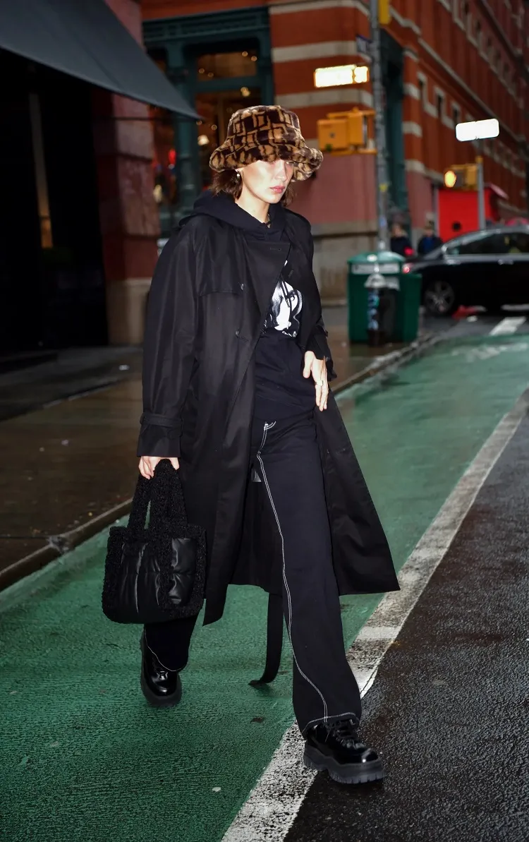 bella hadid furry bucket hat street style everyday outfit ideas