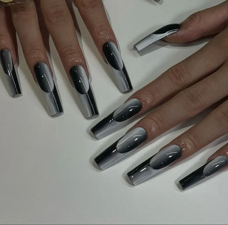 black and white long coffin shape nail design optical illusion french tips
