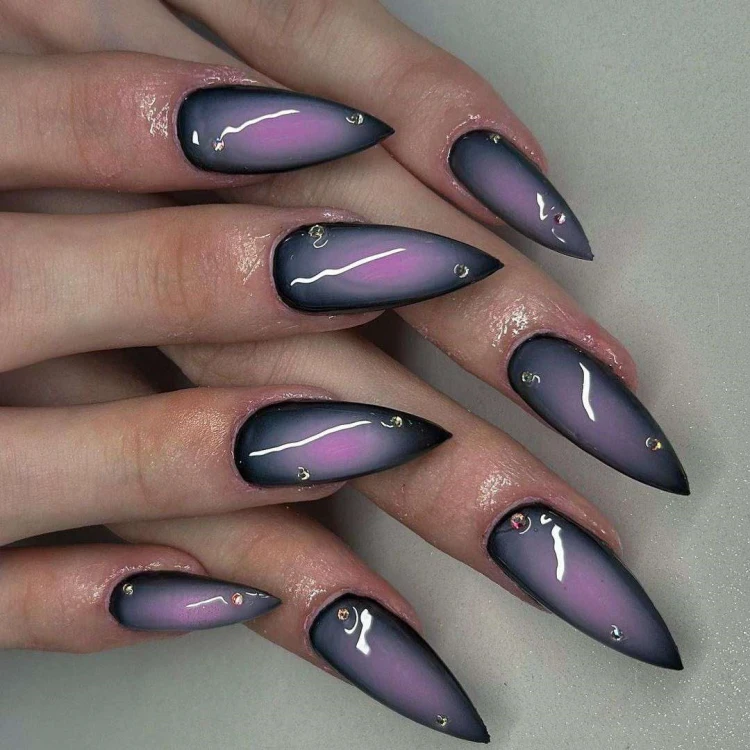 black aura nails design pointed nails