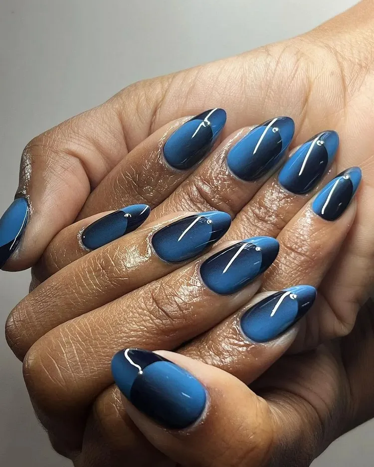 blue and black long oval illusion french nails inspo
