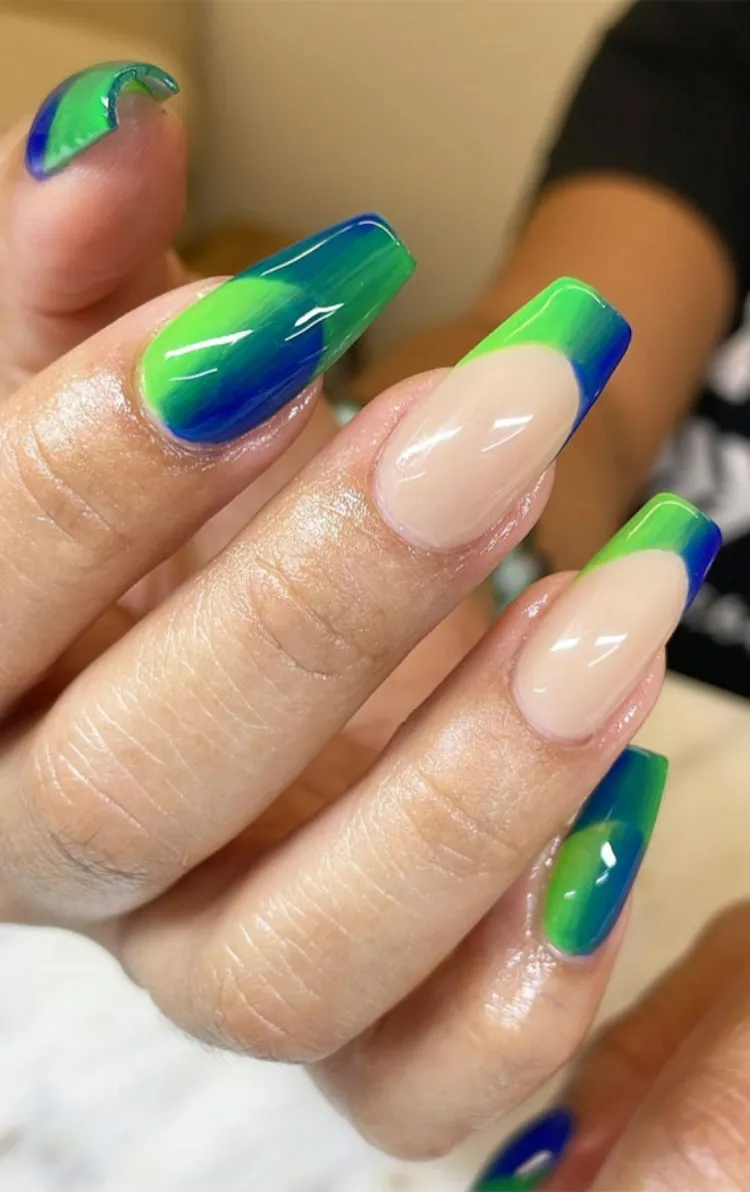 blue and green optical illusion french nails design inspo