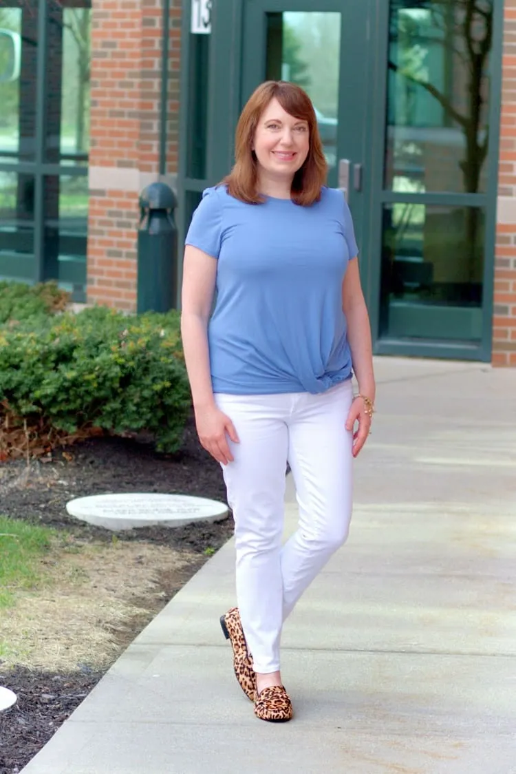 blue-twist-top-with-leopard-print-loafers-white-jeans