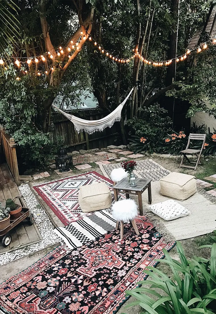 bohemian decoration no grass backyard persian rugs fairy lights