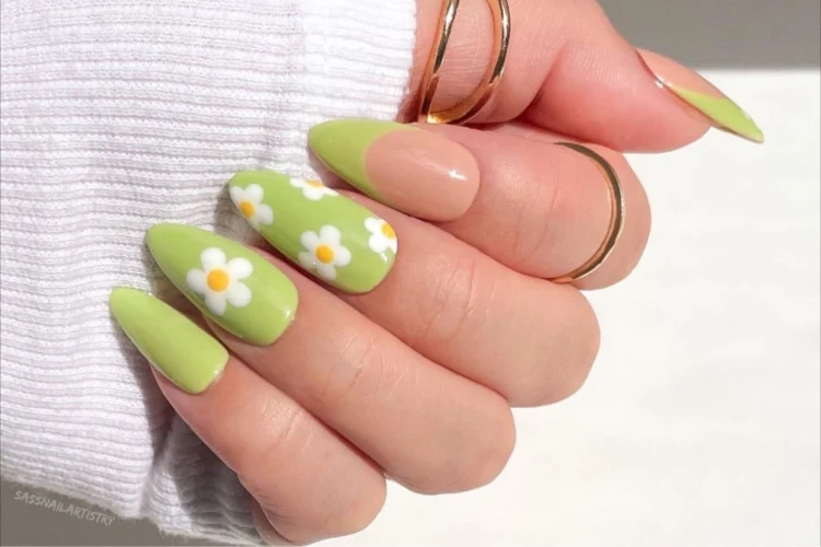 bright green and white flowers nail art