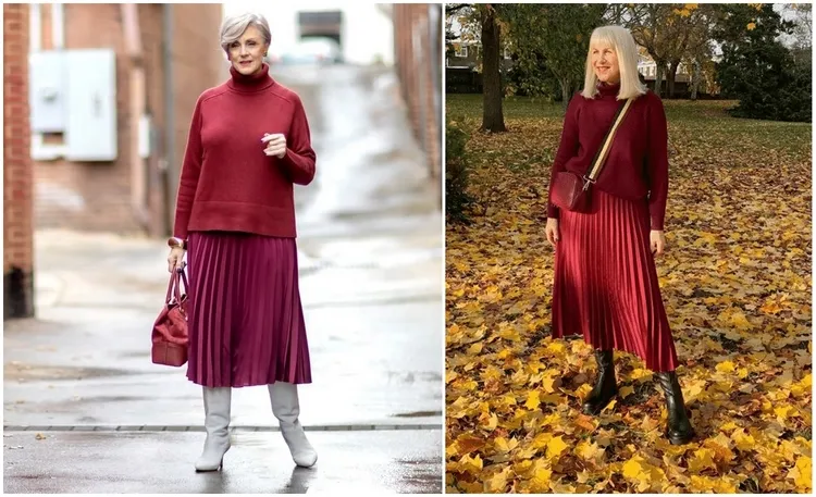 burgundy red monochromatic outfits for women over 50