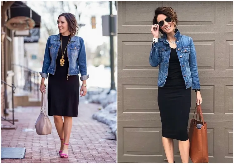 casual style little black dress with denim jacket
