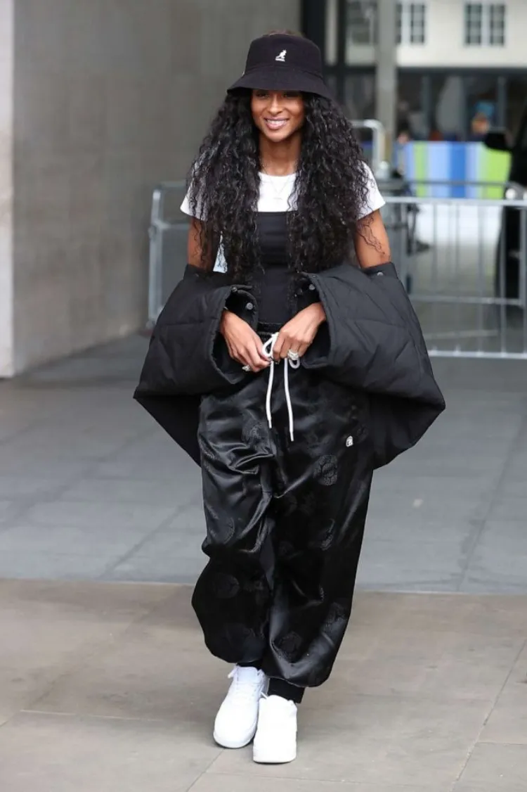 ciara black and white street style bucket hat outfit ideas