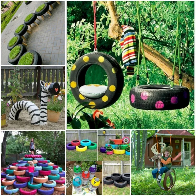 colorful playground ideas DIY tyre swings