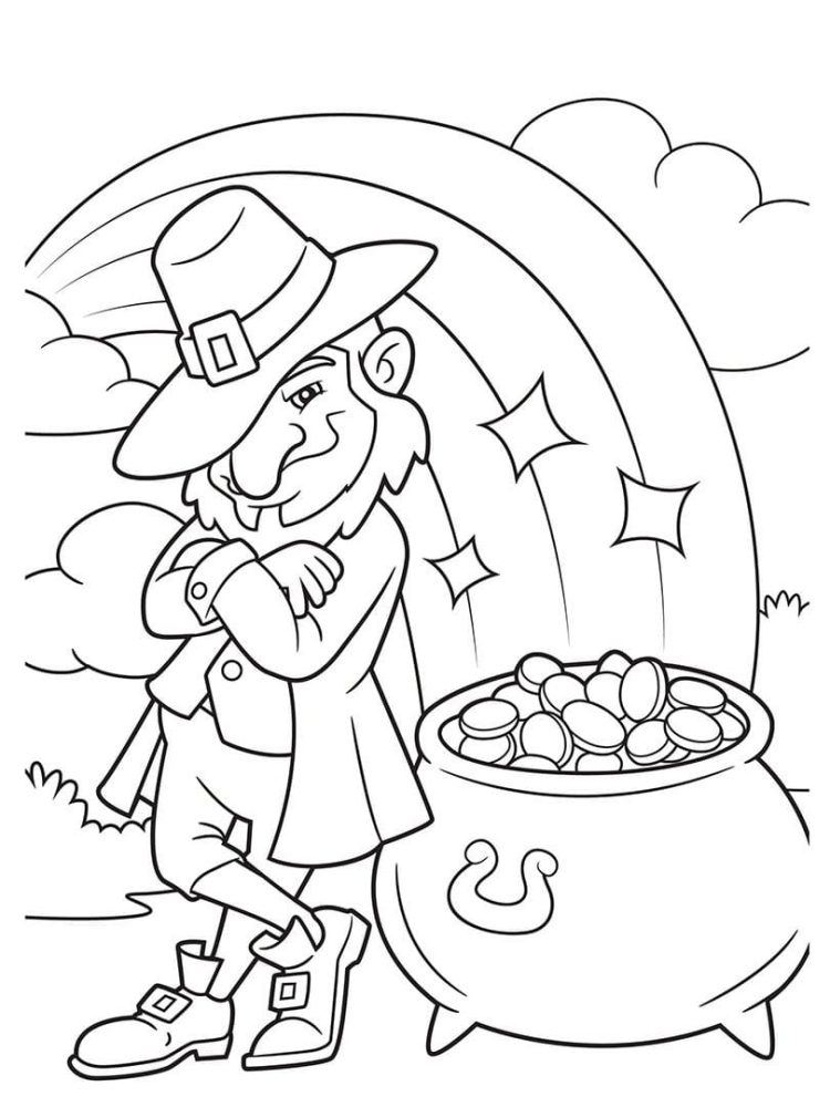 coloring page with leprechaun rainbow clouds pot of gold St. Patrick's Day coloring pages