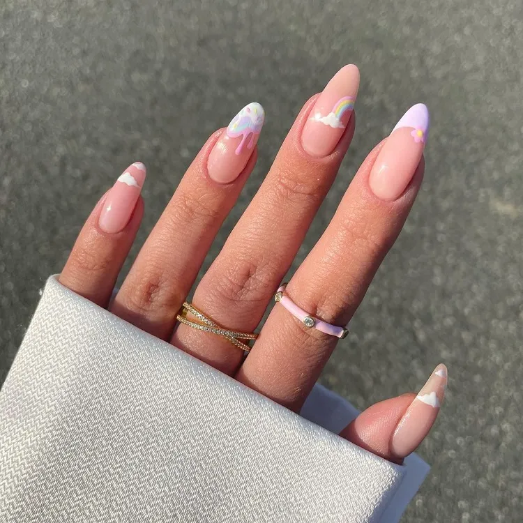 cute candy nails with cloud and rainbow decoration spring trends 2023
