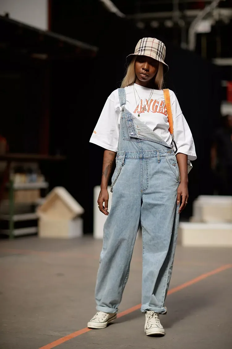 denim dungarees white tee street style casual bucket hat