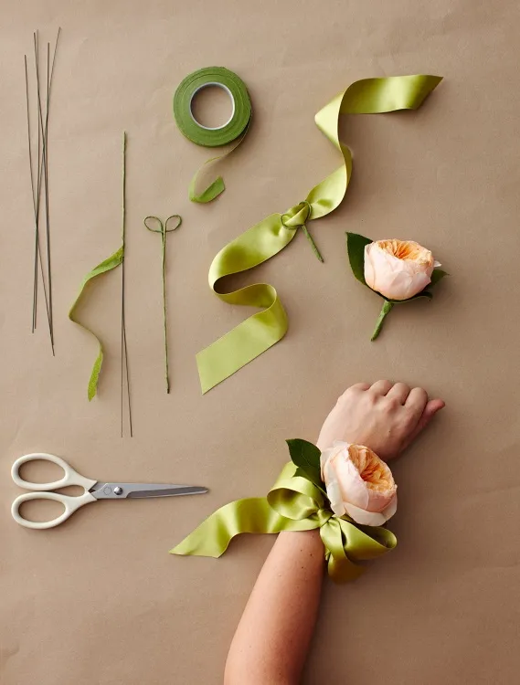 diy prom corsage simple green ribbon faux flowers