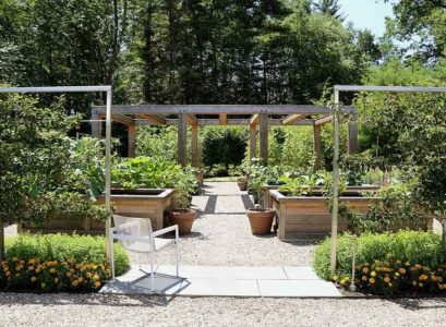 edible front yard landscaping fruit trees cedar pergola raised bed planters
