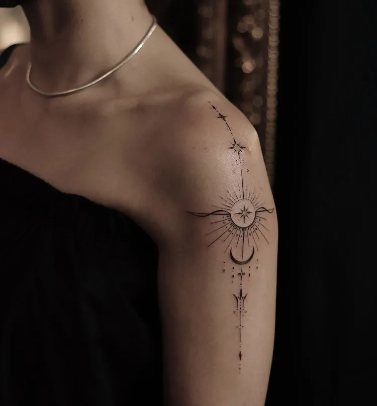 fine line shoulder tattoo minimalist decorative design