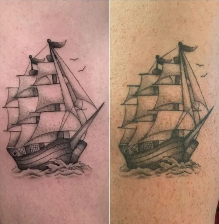 fine line tattoo before after minimal ship healed success