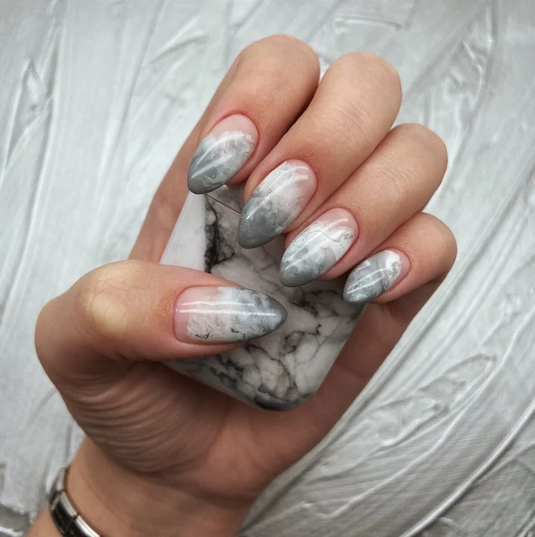 gradient effect nude and marble nail design idea 2023