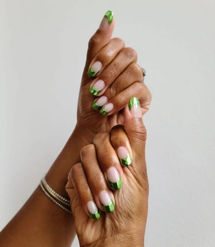green metallic french tips long oval shape nails dark skin