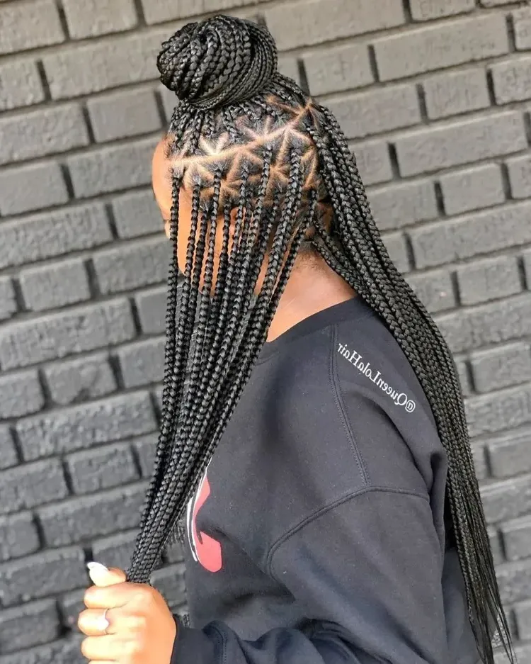 half high bun hairstyle box braids