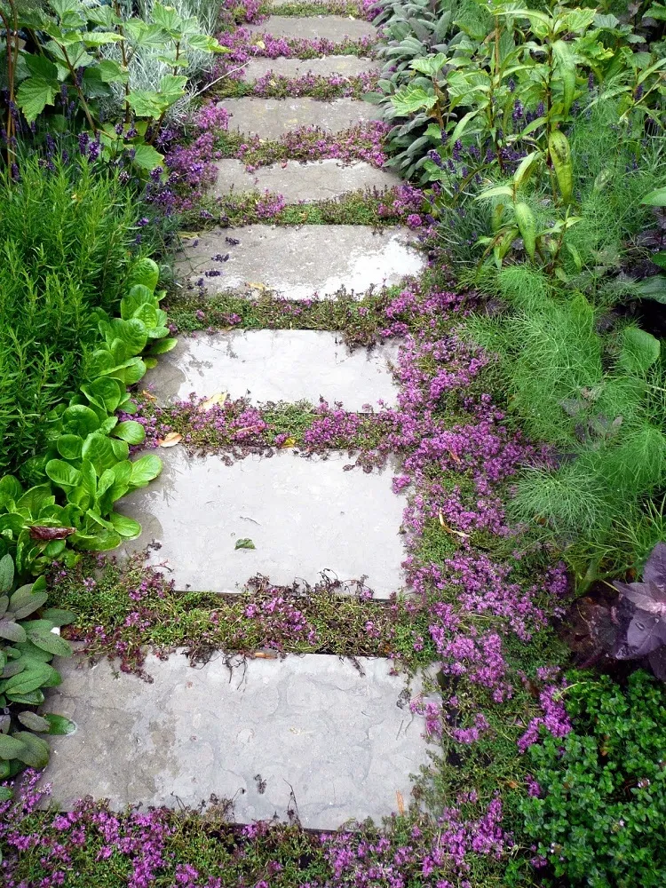 heather on rocks steps sloped garden landscaping ideas