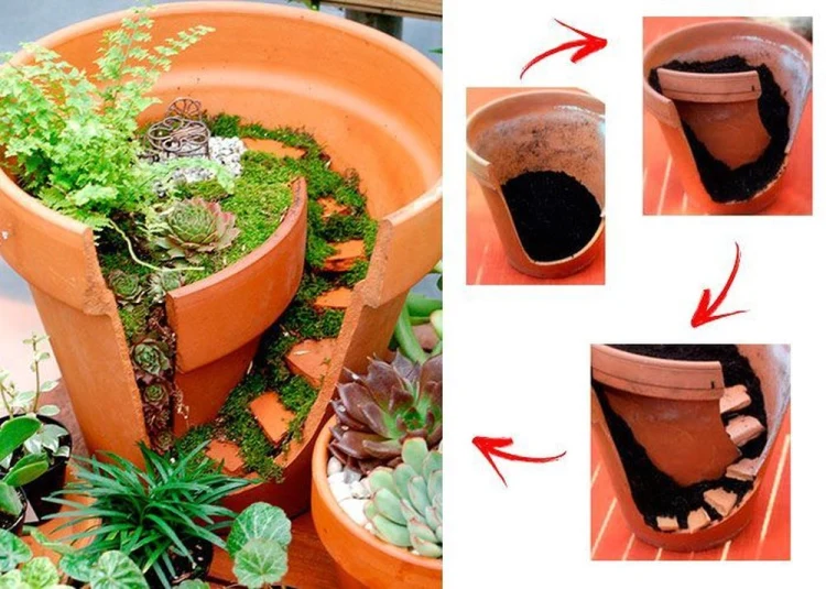 how to arrange broken pieces and create mini garden in a pot
