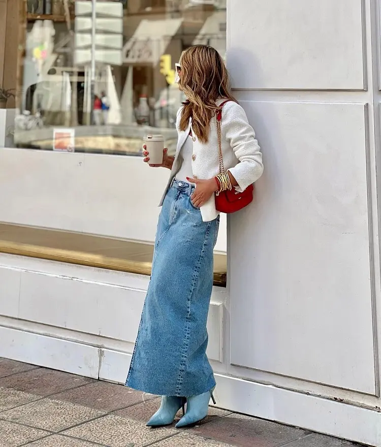 how to style long denim skirt casual women outfit ideas spring summer fashion trends