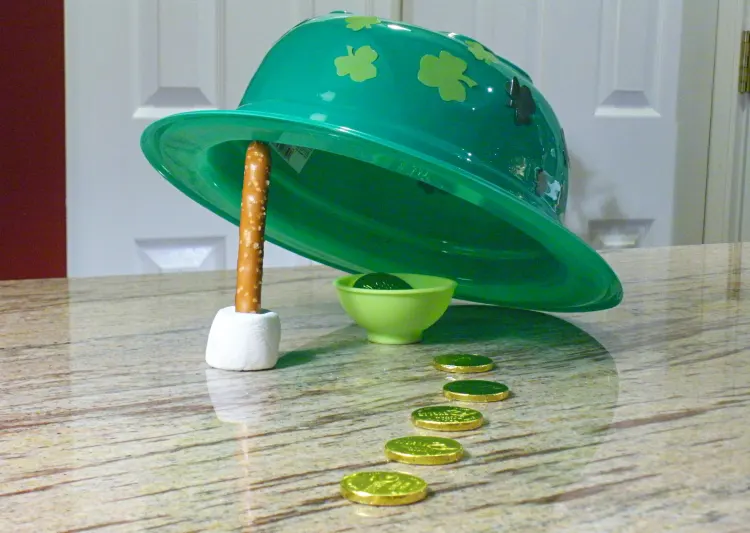 leprechaun trap idea green hat gold coins pretzel stick marshmallow