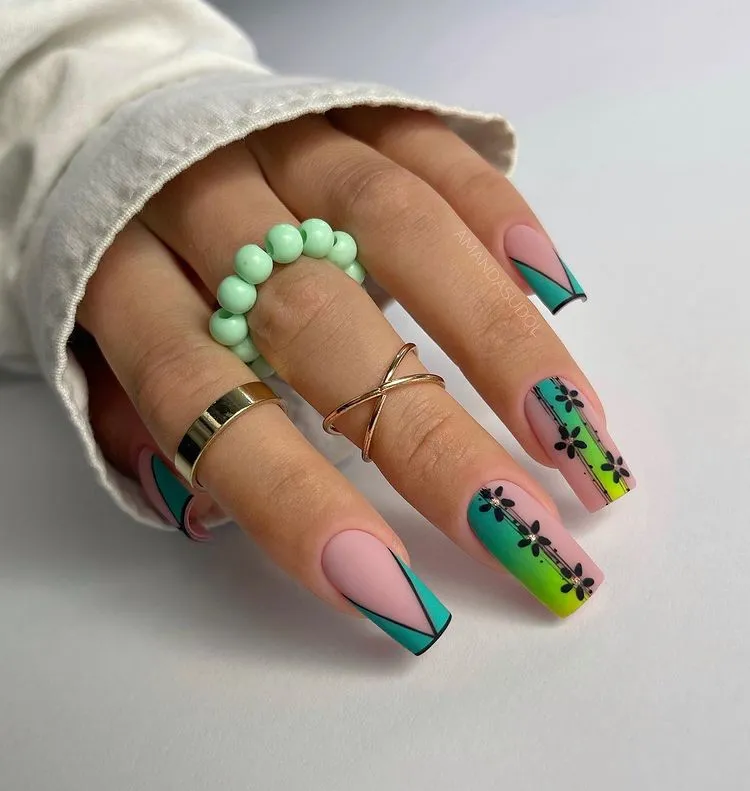lime green and emerald manicure design with decorations