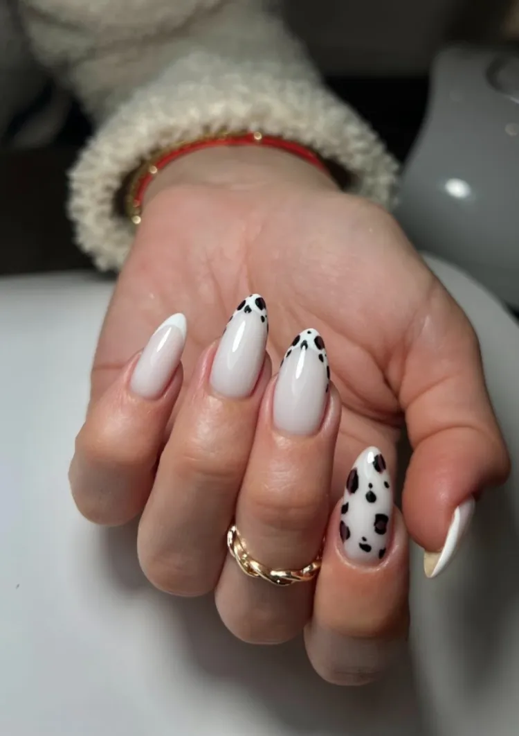long almond white nails animal print french tips design