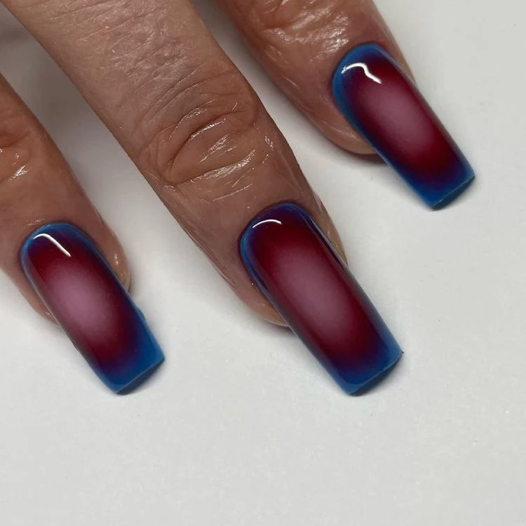 long square nails blue and dark purple design