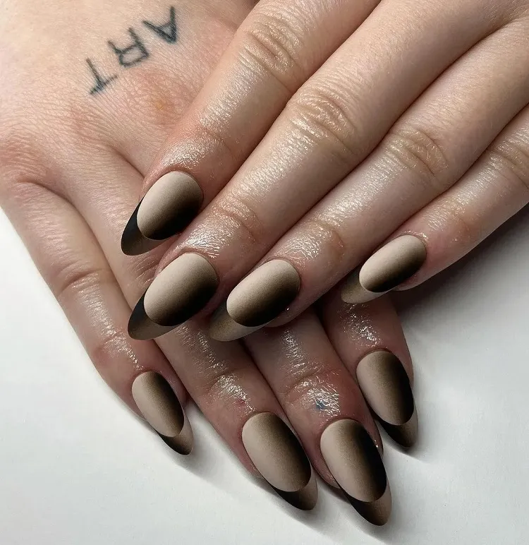 matte beige and black long almond shape illusion french nails