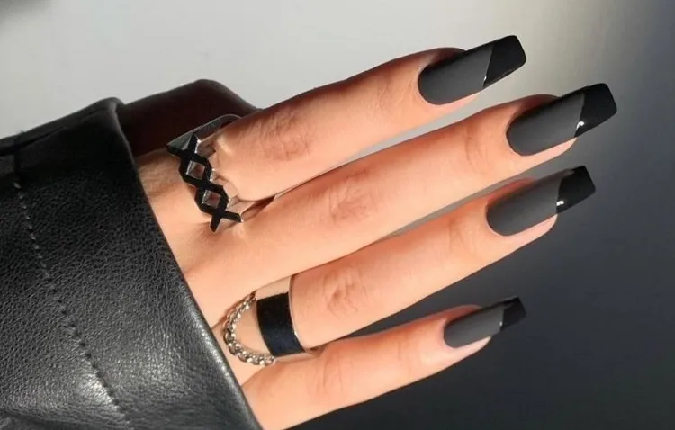 matte black nails with french tip decoration