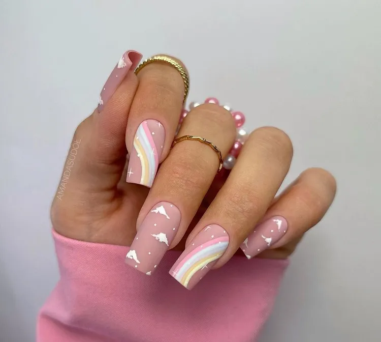 matte nails pink manicure 2023 spring ideas clouds rainbows
